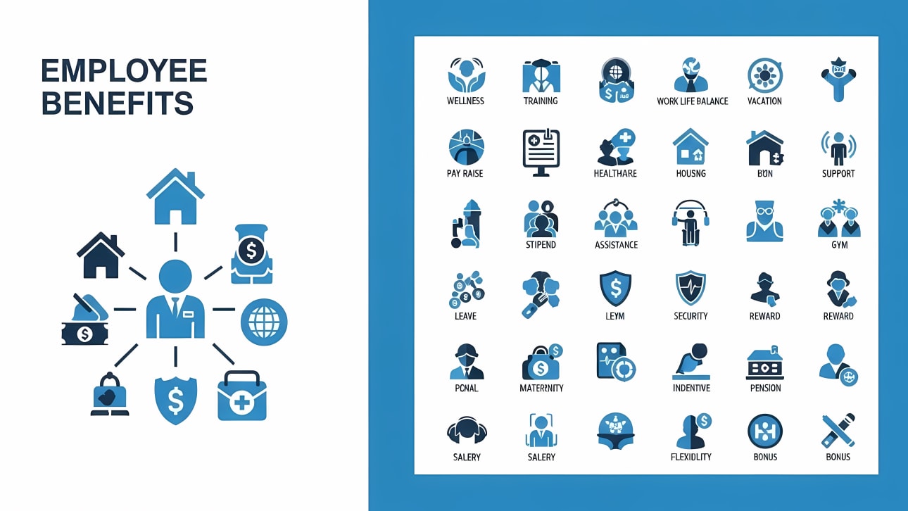 Explore a comprehensive vector icon set illustrating various employee benefits and compensation packages.