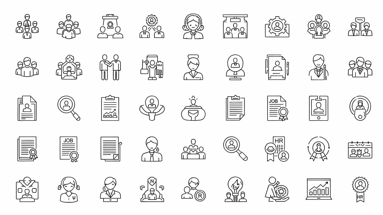Explore 48 minimalist outline icons for human resources, recruitment, job search, and team management. Ideal for digital and print projects.