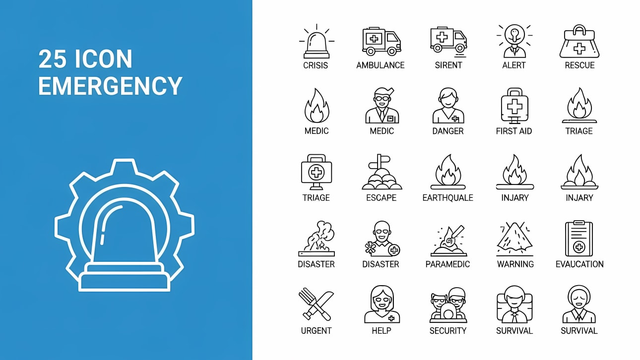 A comprehensive set of 25 outline vector icons covering various emergency, medical, disaster, and rescue situations.