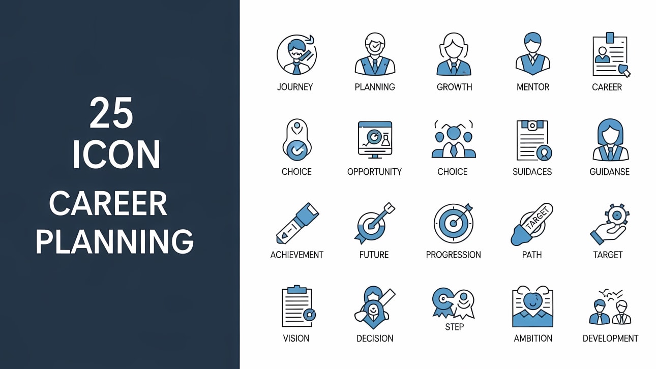 Download 25 modern flat line vector icons for career planning, growth, and development.
