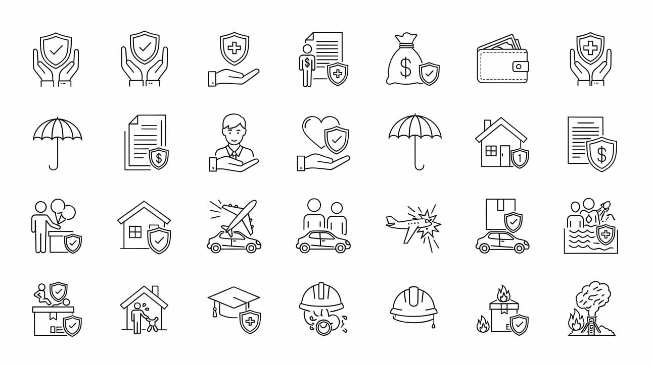 Explore a comprehensive set of line icons for various insurance types and protection concepts. Perfect for web, app, and print design projects.