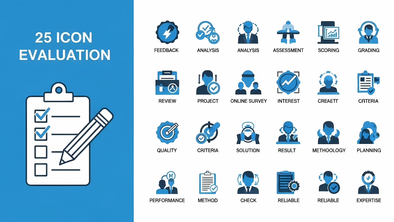Download this comprehensive set of 25 flat design evaluation icons. Perfect for business, assessment, feedback, and planning.