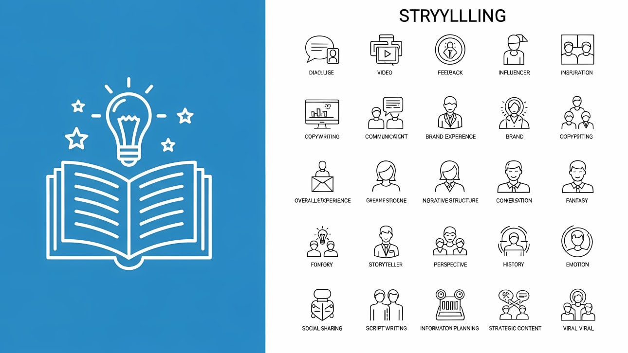Explore a dynamic free vector featuring an open book and lightbulb for ideas, alongside a diverse icon set for storytelling, branding, and commun