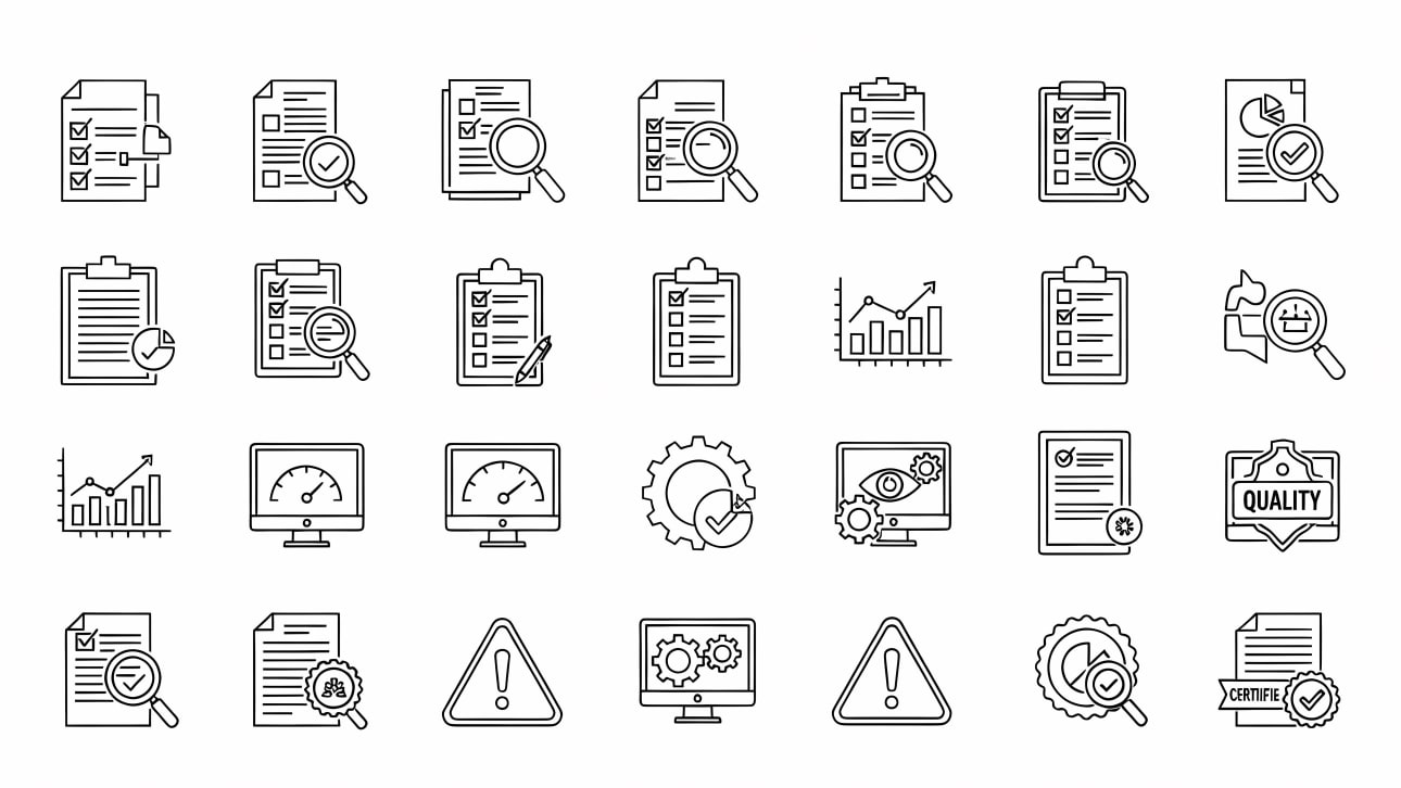 Download this comprehensive set of 30 line icons for quality control, inspection, analysis, and certification processes.
