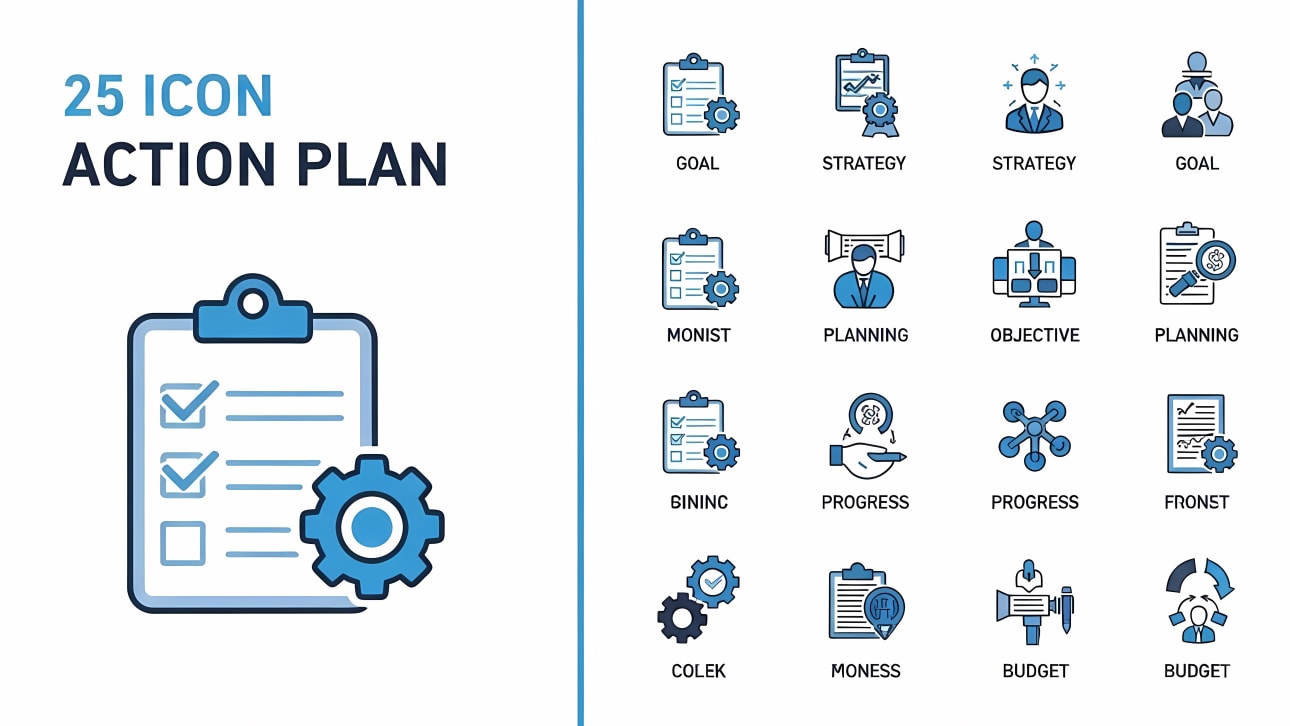 Download this versatile set of 25 flat outline vector icons, perfect for representing action plans, business strategy, goals, and project managem
