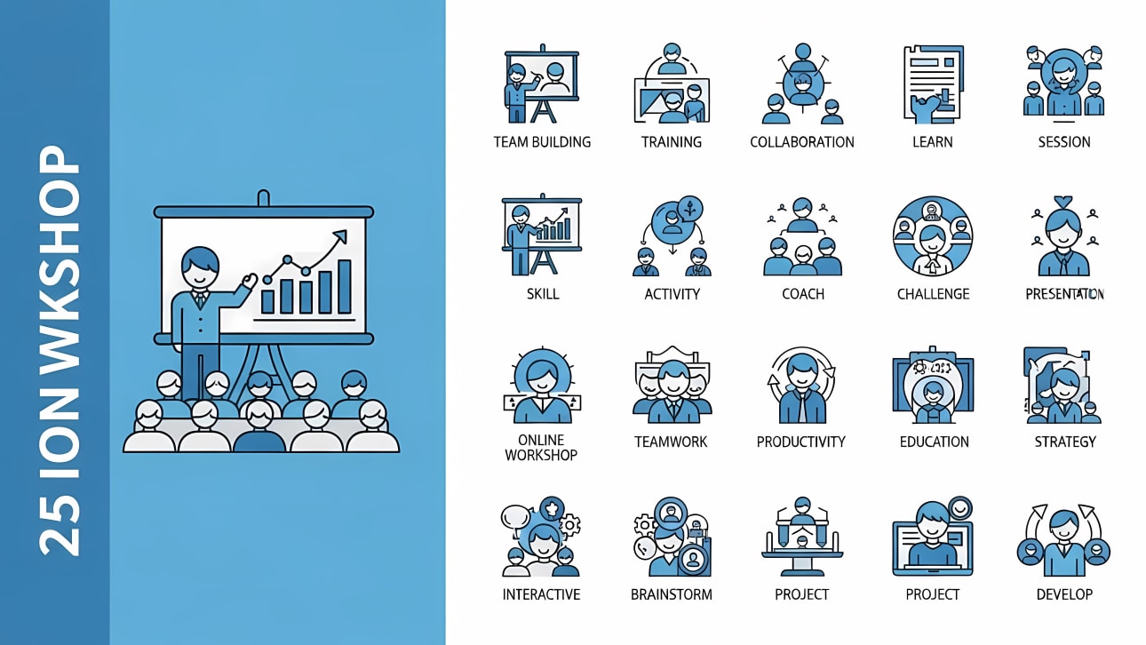 Download this versatile set of 25 flat-line workshop and business icons, perfect for presentations, reports, and educational materials.
