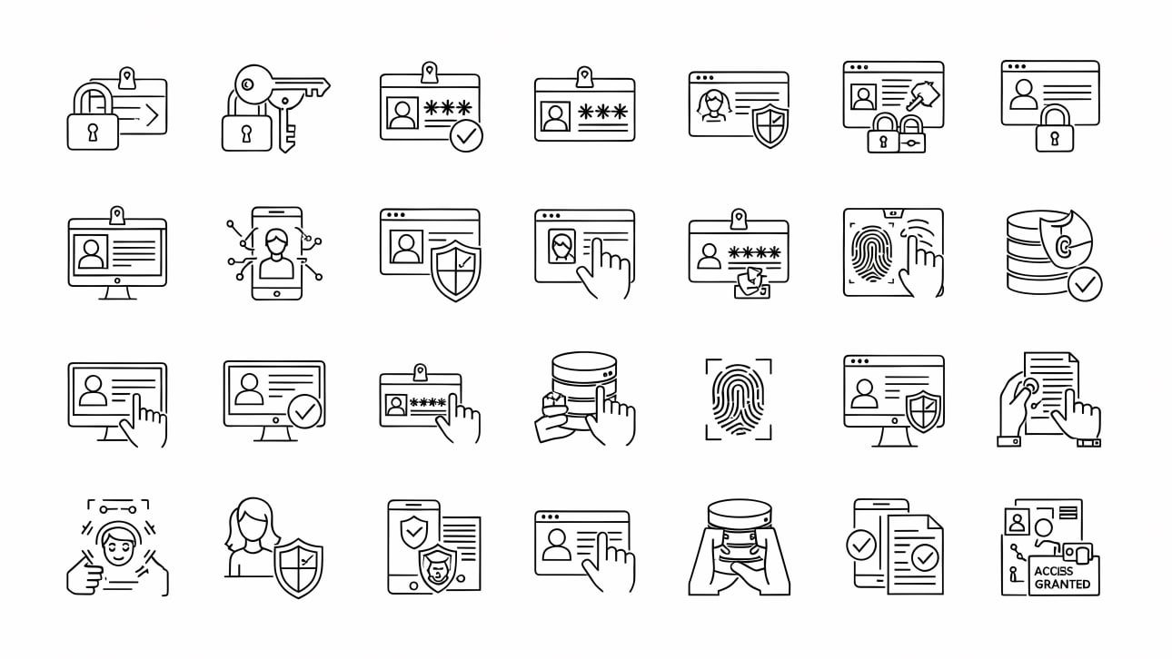 Explore 30 line icons for digital security, including password, biometric, and data protection. Ideal for tech and privacy designs.