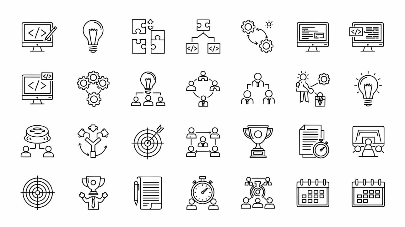 Download this comprehensive set of line icons for business strategy, software development, teamwork, and project management.