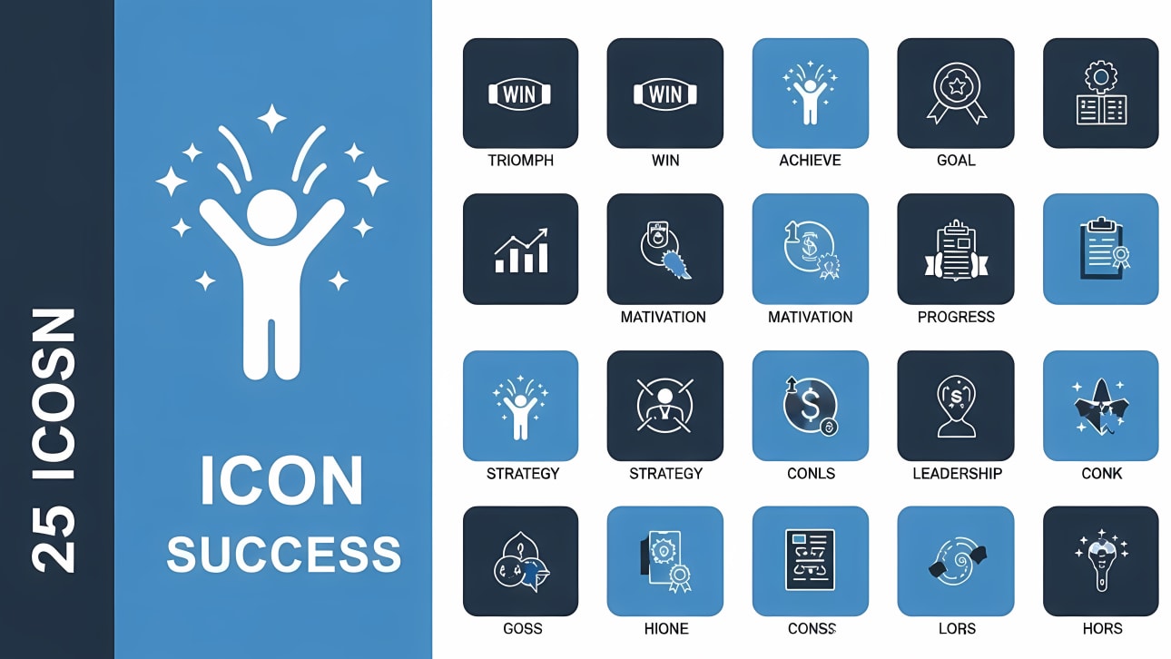 Download this free vector icon pack for success, achievement, goal setting, and motivation.