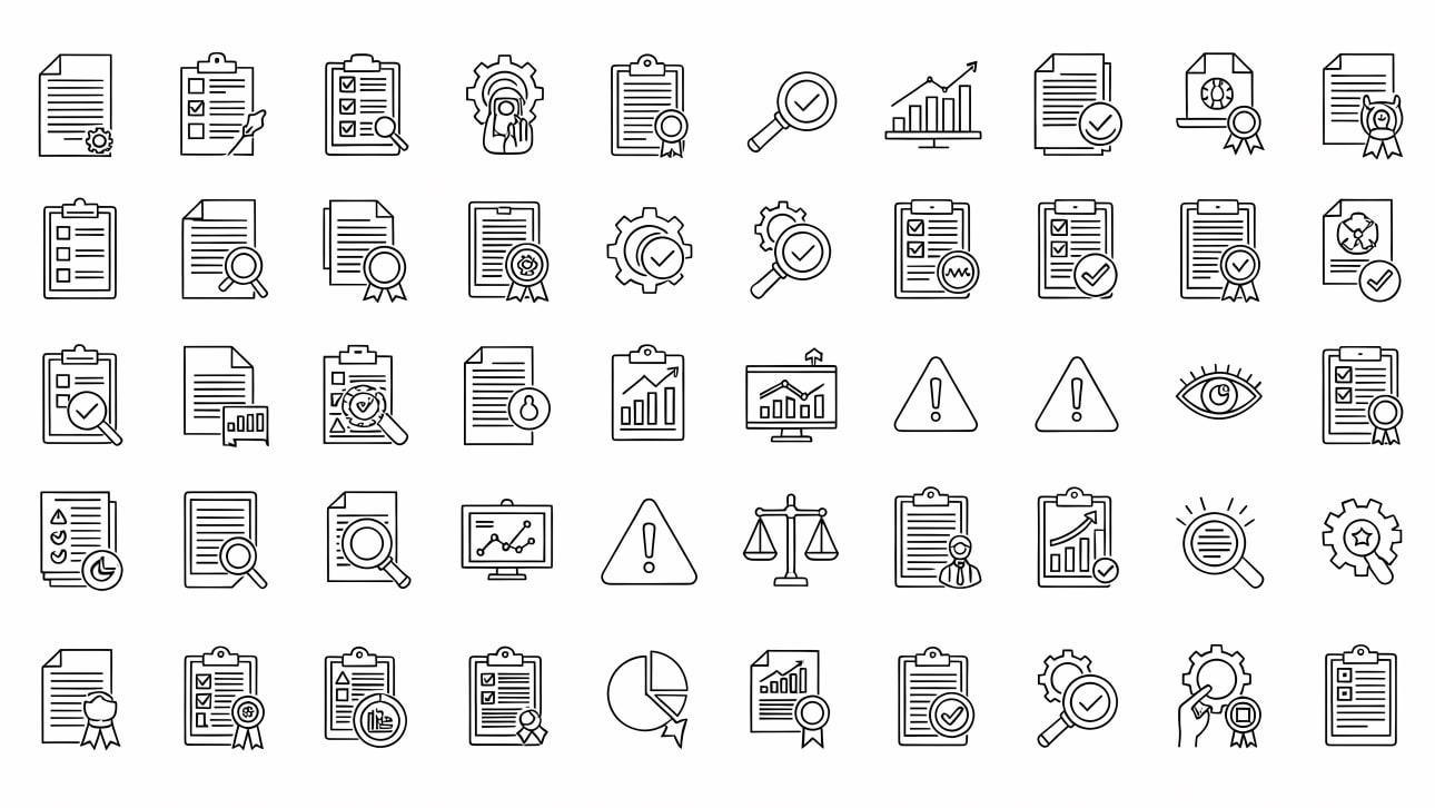 A comprehensive collection of outline icons for quality control, audit, inspection, documentation, and compliance.