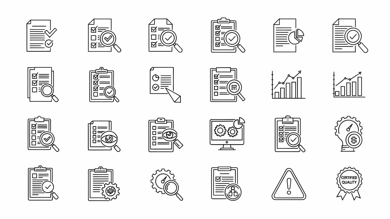 Download a comprehensive set of quality control, assurance, and inspection line icons.