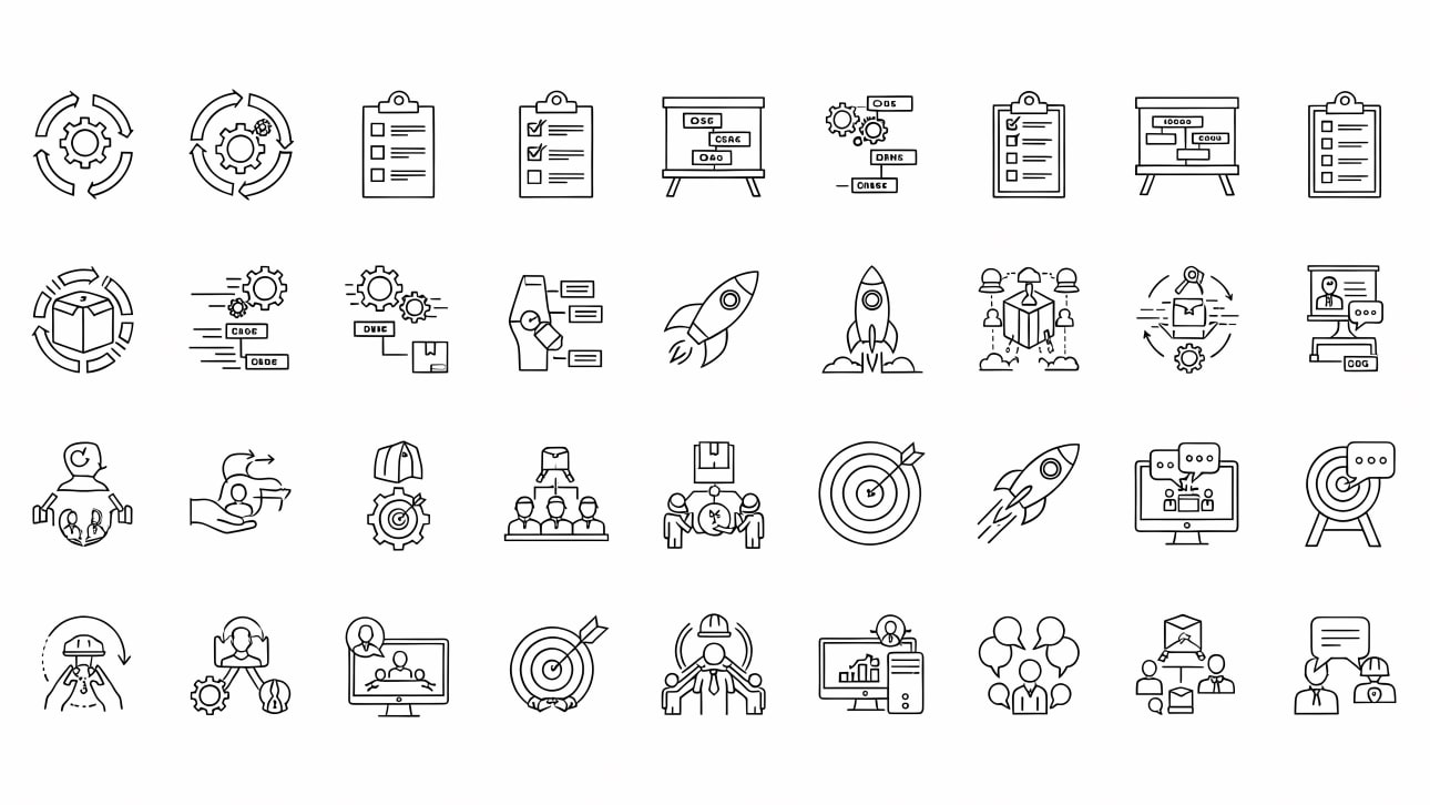 A collection of 40 minimalist line icons representing business processes, strategy, startup growth, management, and workflow.