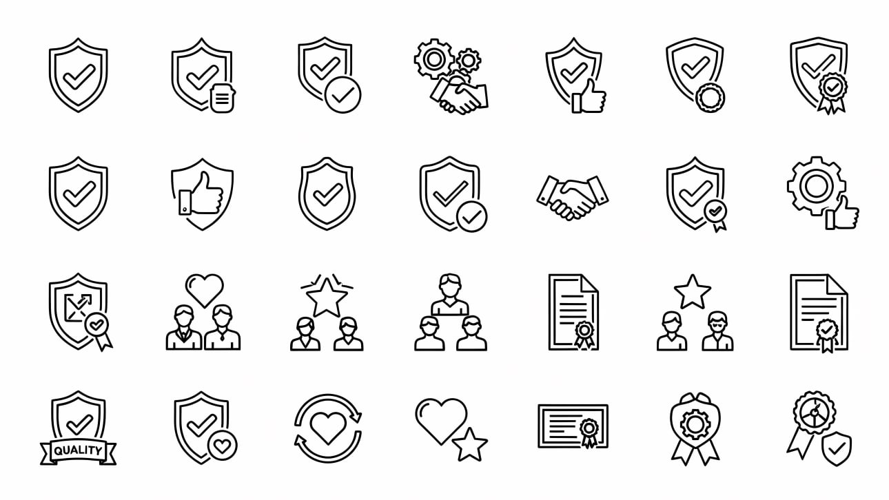 Download this free vector icon set featuring symbols for security, quality assurance, certification, partnership, and customer satisfaction.