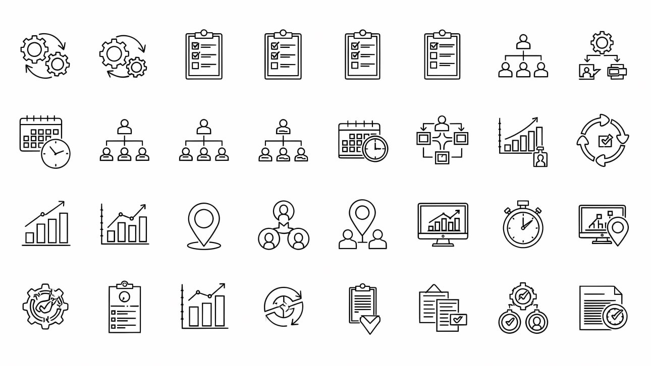 A comprehensive set of line icons for business management, process optimization, task completion, organization, and analytics.