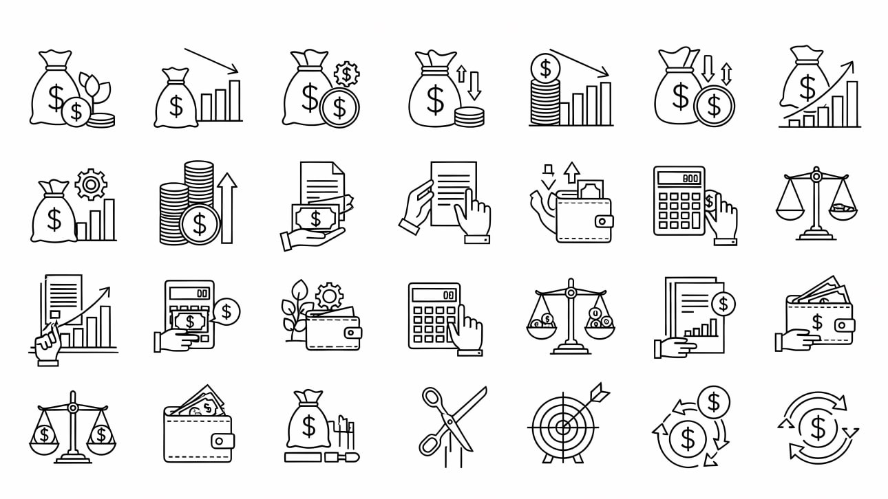 A diverse collection of outline icons covering finance, money, business, and investment topics. Ideal for web, apps, and presentations.