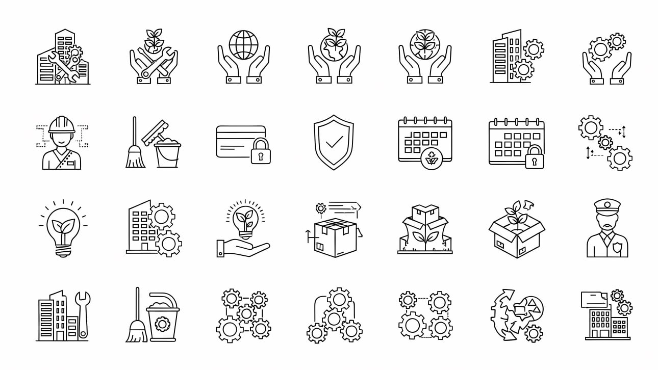 Download this free vector icon set featuring business, industry, maintenance, sustainability, security, and planning concepts in line style.