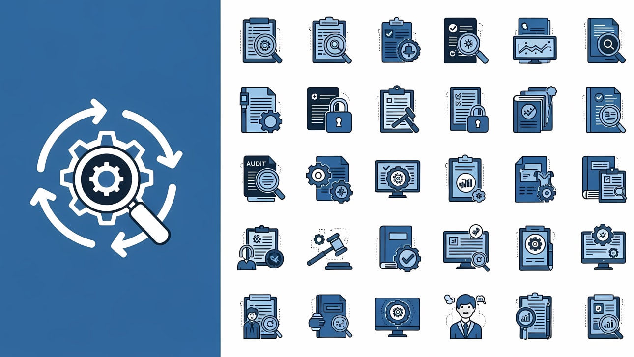 Comprehensive set of audit, inspection, and analysis vector icons. Ideal for business, finance, security, and process optimization projects.