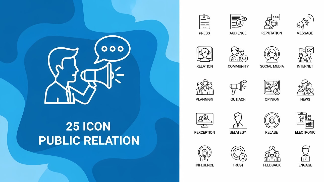 Download this set of 25 public relations line icons, perfect for representing communication, strategy, media, and community in your projects.