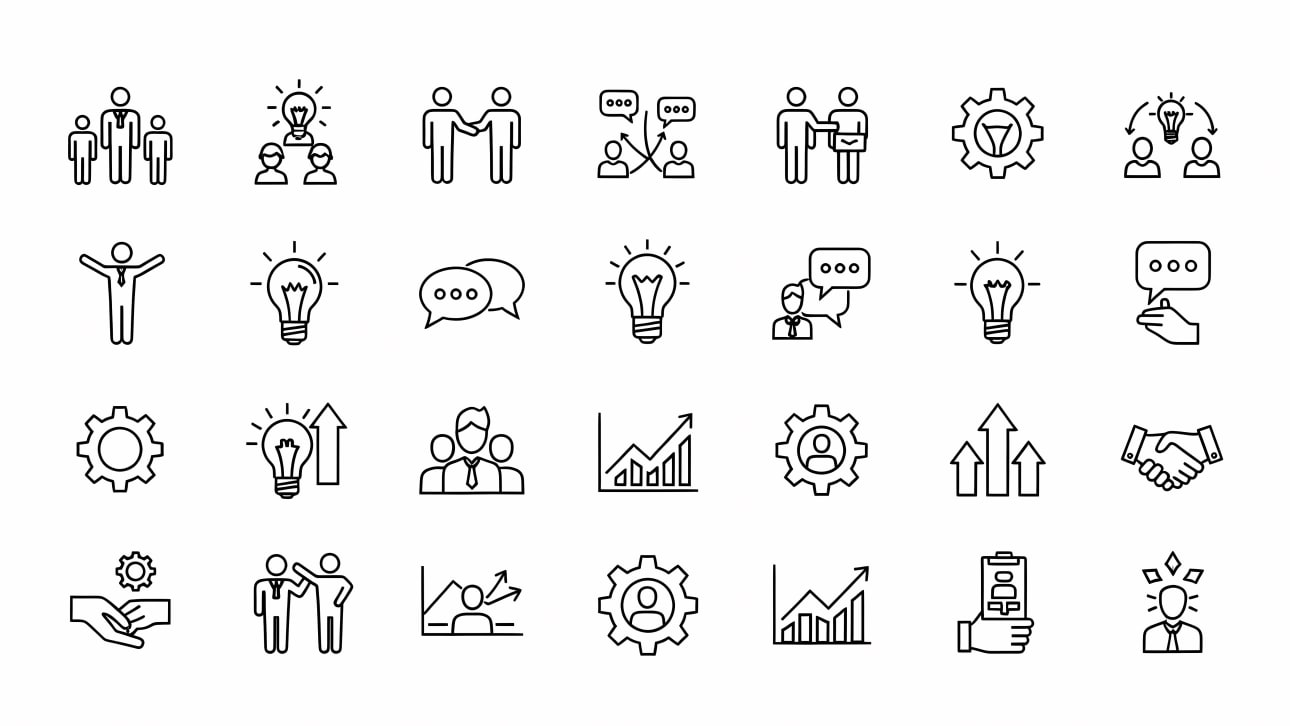 Download a collection of modern business, teamwork, idea, and growth line icons.