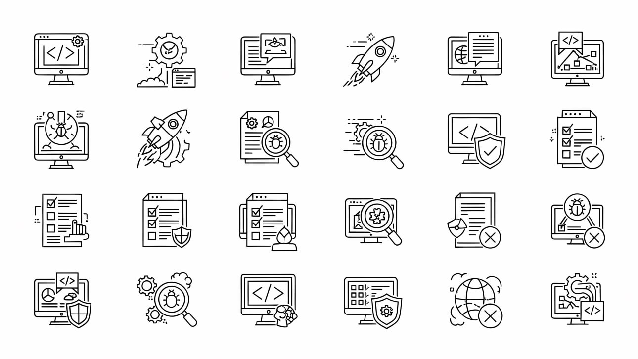 Download a free vector set of outline icons for software development, coding, testing, debugging, and cybersecurity projects.