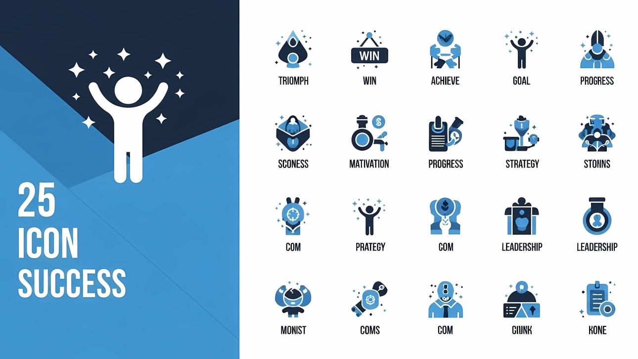 Download this versatile pack of 25 success and achievement vector icons. Perfect for business, marketing, and personal development projects.