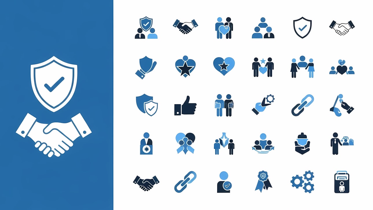 A versatile collection of flat design icons representing business trust, partnership, security, and agreement.
