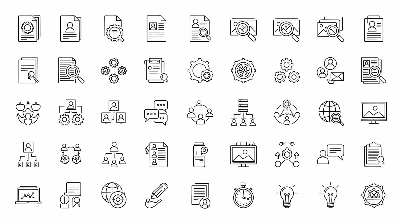 Download a comprehensive set of line icons for human resources, business management, data analysis, and project planning.