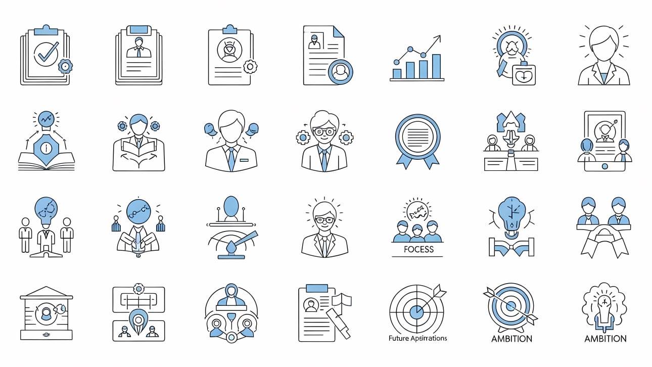 A diverse collection of outline icons representing business, career development, goals, innovation, and ambition.
