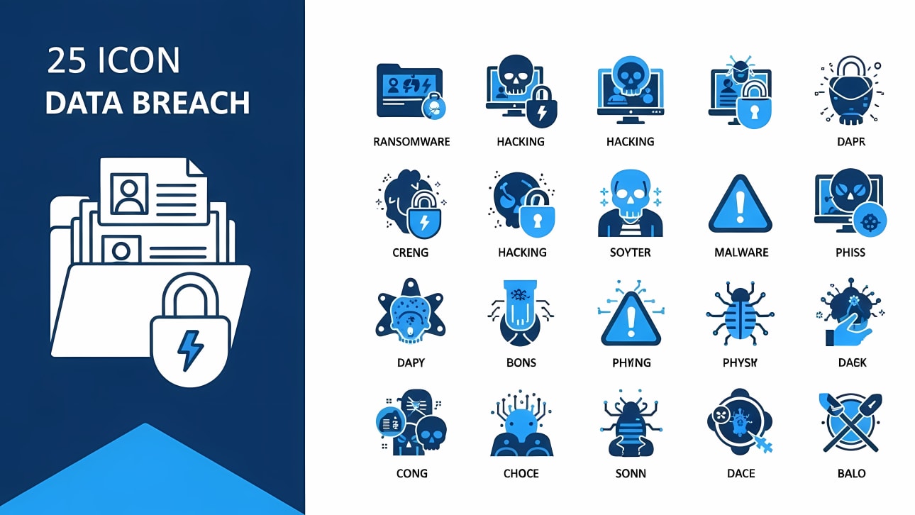 Explore 25 free vector icons depicting data breaches, hacking, malware, and cybersecurity threats.