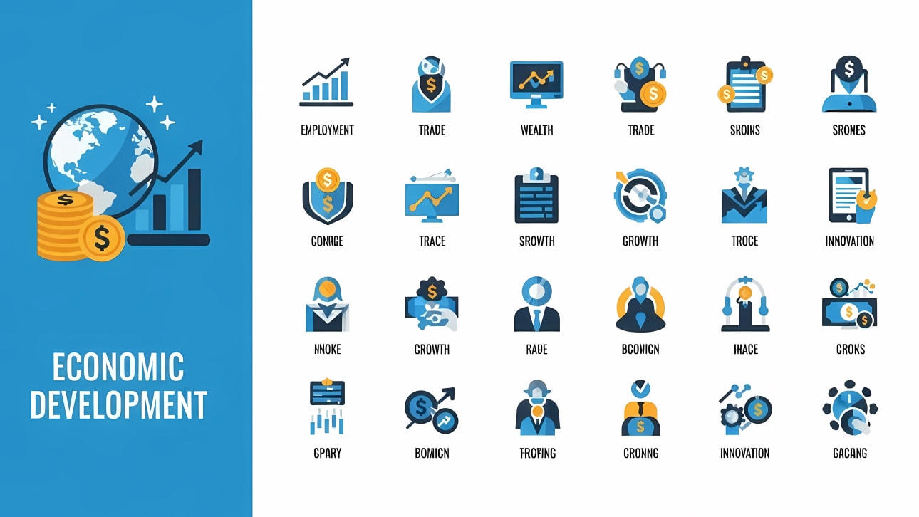 Explore a comprehensive set of flat design economic development icons, covering employment, trade, wealth, growth, and innovation concepts.