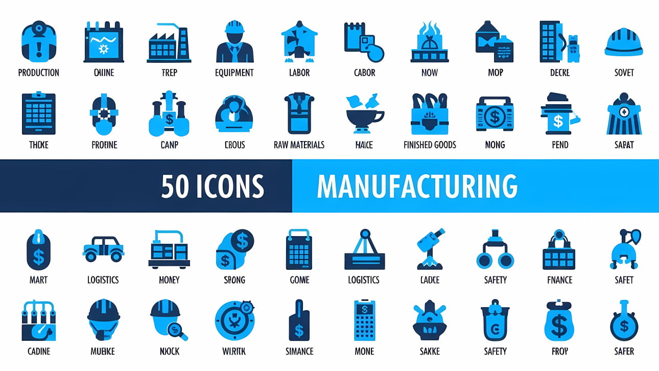 Explore a comprehensive set of 50 manufacturing and industrial process icons. Perfect for business, factory, and logistics projects.