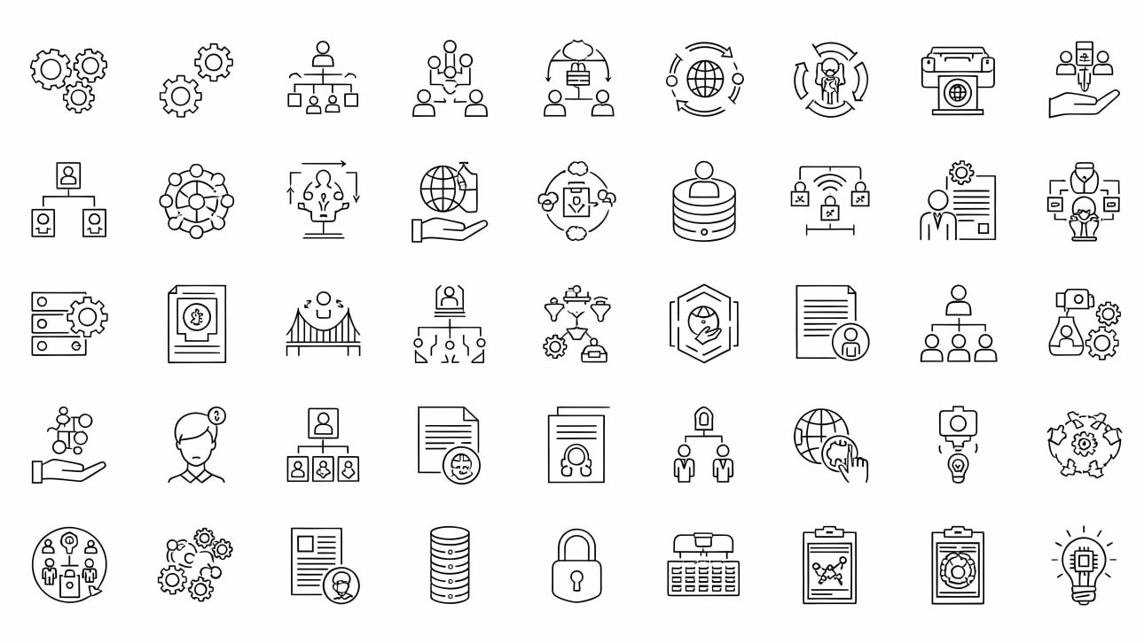 Download a comprehensive set of line icons for business, data management, organizational structures, and technological processes.
