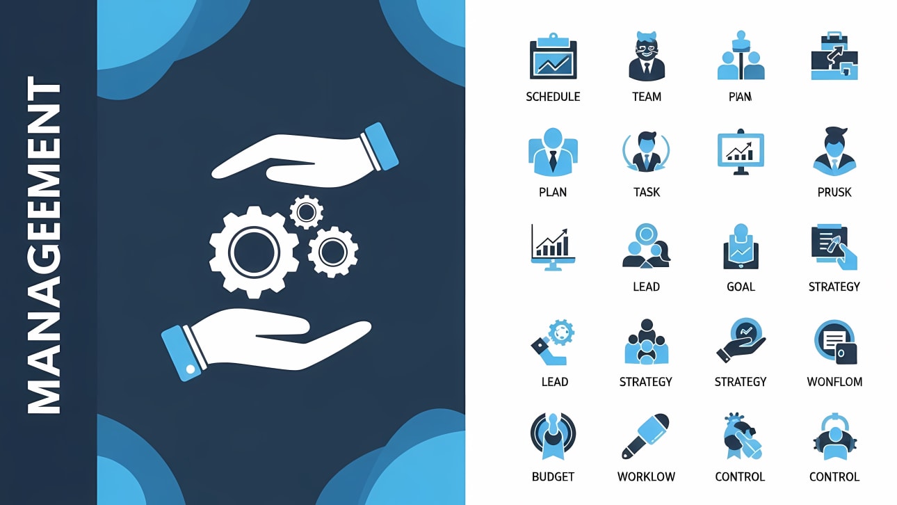 A comprehensive set of management and business icons in a modern blue and white style. Perfect for presentations, websites, and app interfaces.