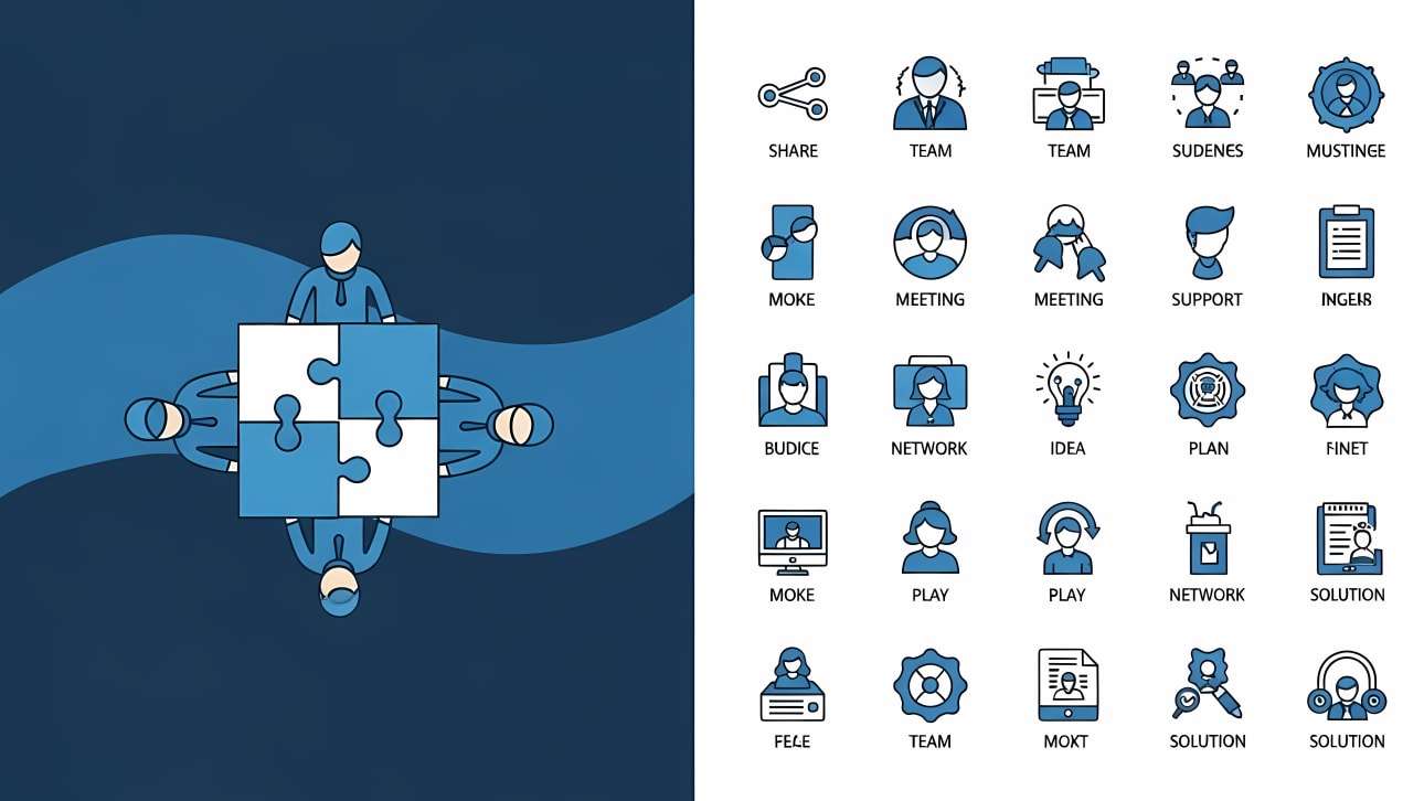 A versatile free vector features a team collaborating around a puzzle table and a diverse set of business-themed line icons.