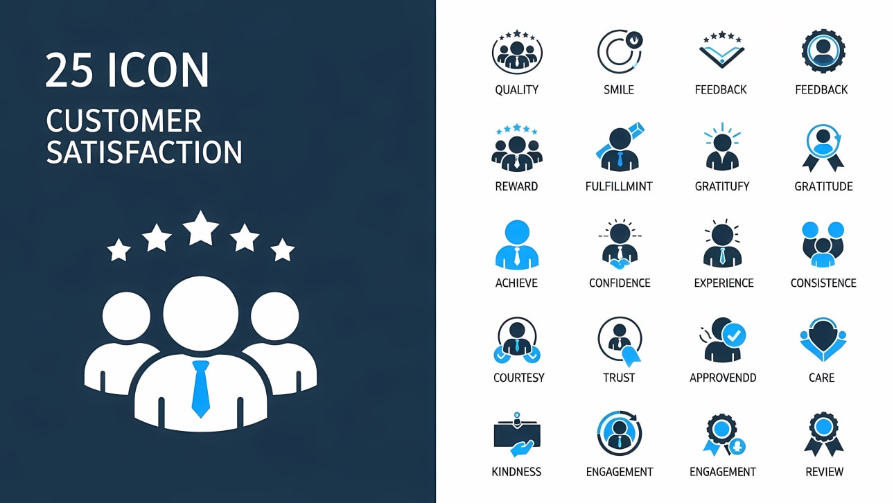 Download this free vector set of 25 customer satisfaction icons. Perfect for illustrating quality, feedback, trust, and more business concepts.