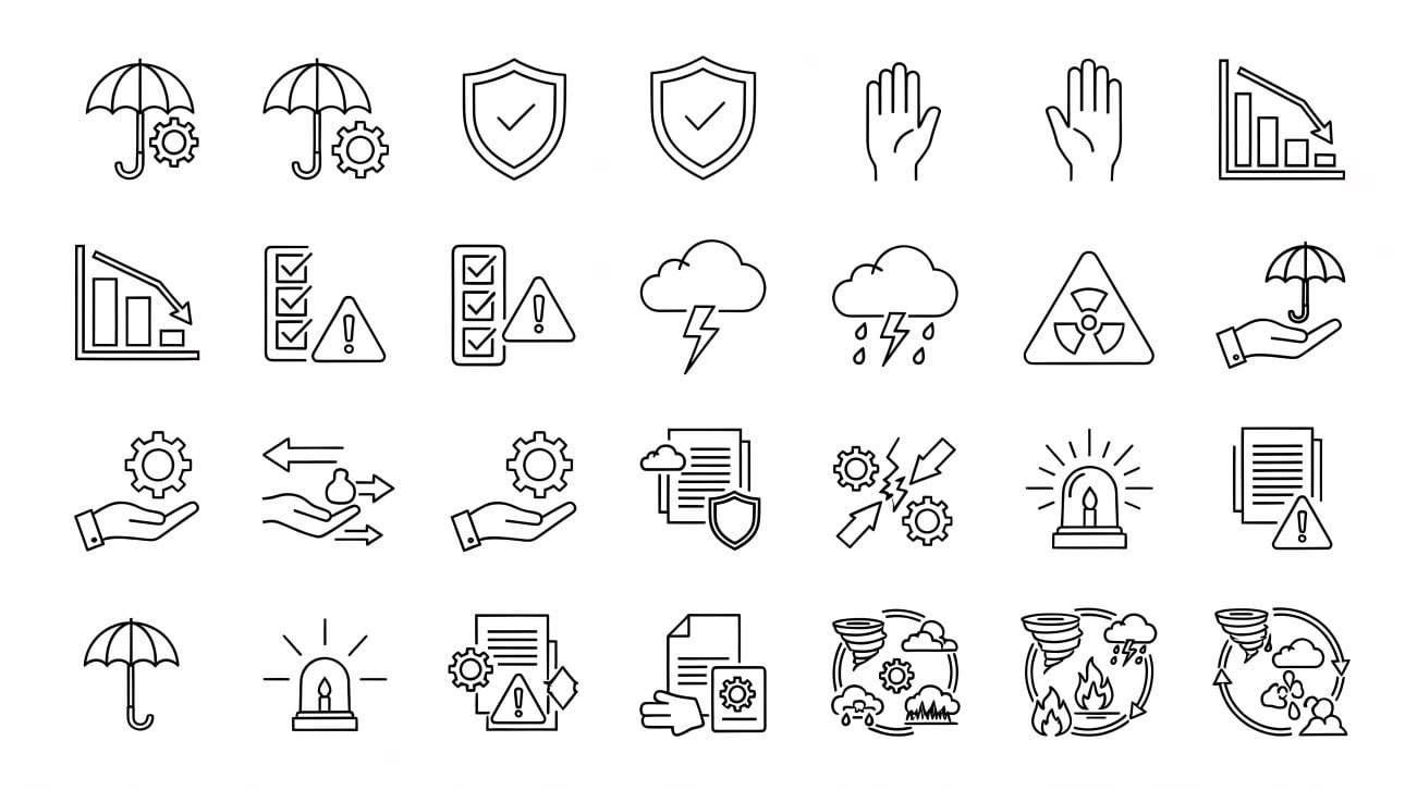 Download a versatile set of free vector icons for risk, safety, insurance, and disaster management. Perfect for web, print, and presentations.