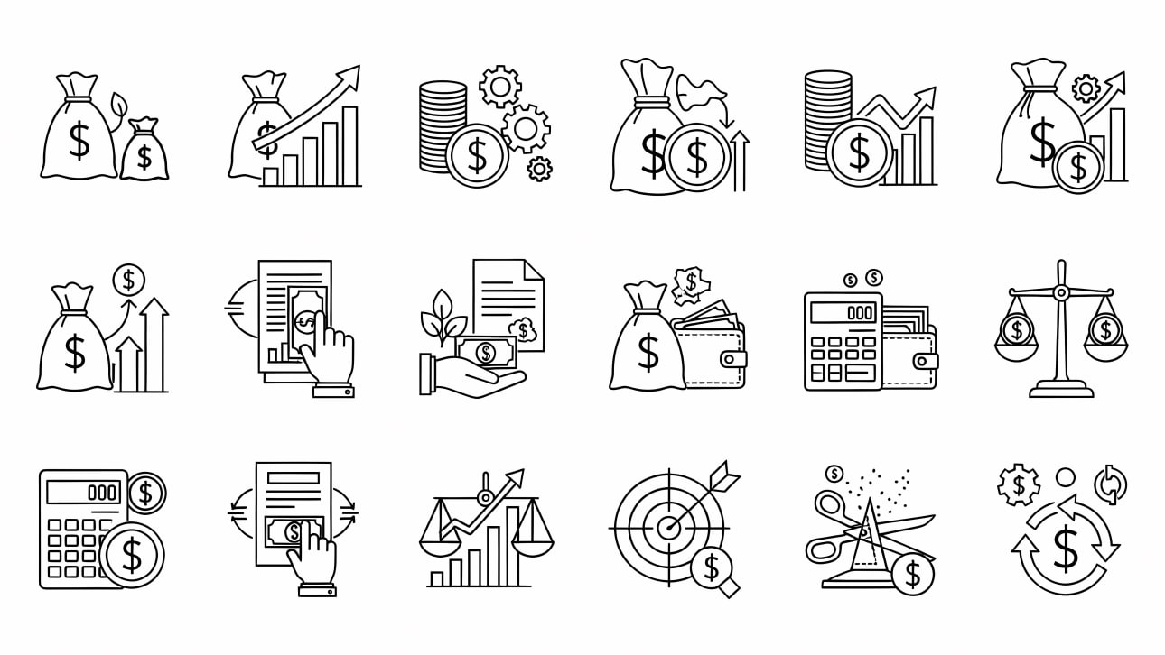 A diverse collection of linear icons representing finance, money, growth, savings, investment, and business concepts.