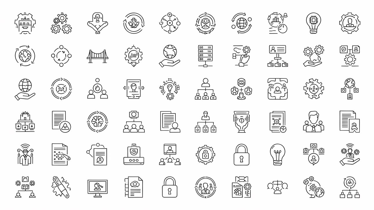 A comprehensive collection of 50 outline icons for business, technology, people, processes, and global connections.
