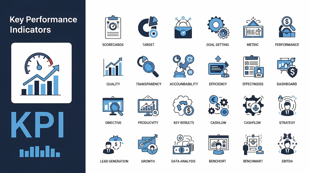 A comprehensive set of 25 vector icons for Key Performance Indicators (KPI). Perfect for business, analytics, dashboards, and strategy.