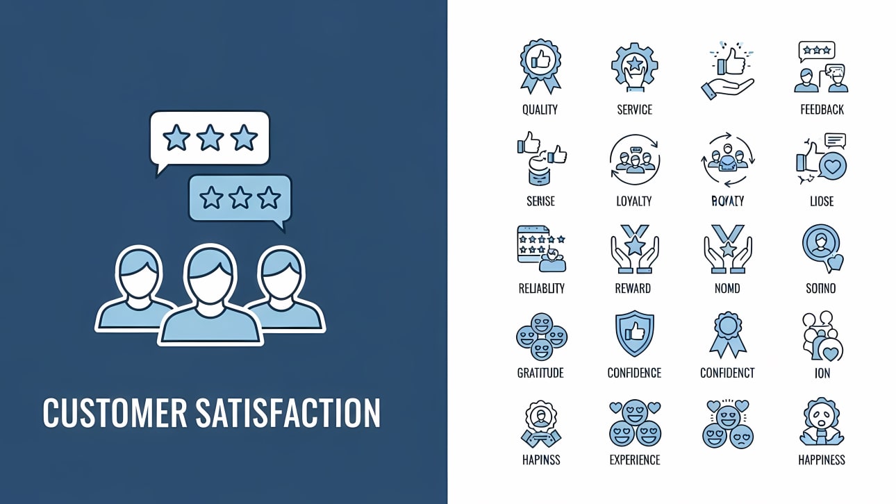 Download this free vector illustration featuring customer satisfaction, reviews, and a comprehensive icon set for service, quality, loyalty, and 