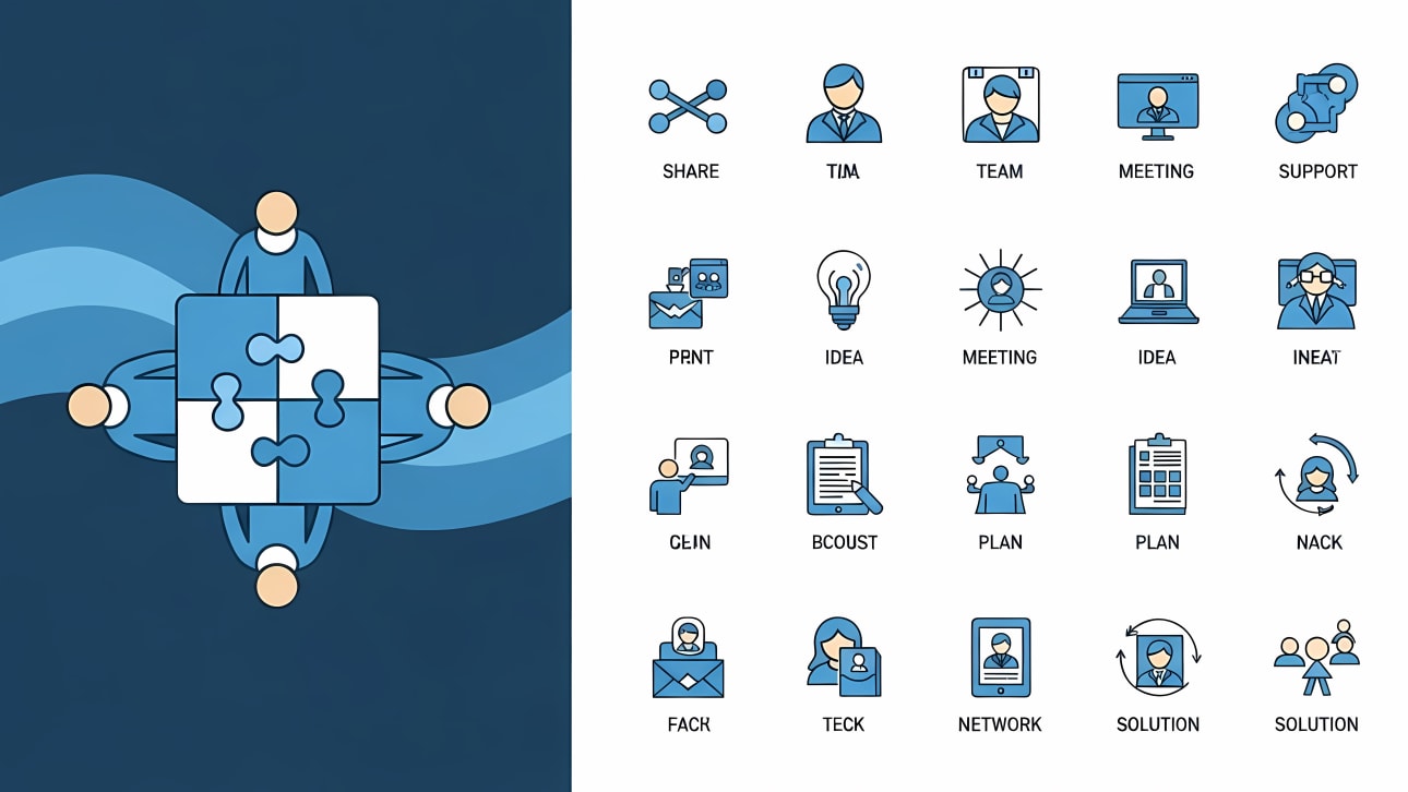 Explore a versatile free vector set depicting teamwork, collaboration, and various business concepts through modern line icons and a central puzz