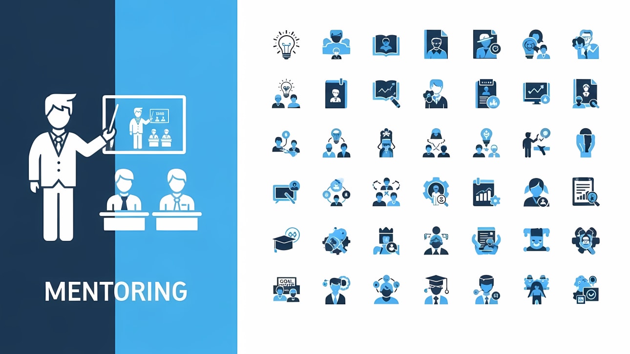 Download this comprehensive free vector icon set for mentoring, coaching, and professional development.