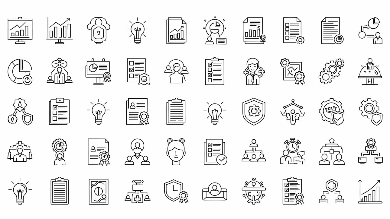 A comprehensive set of free vector line icons for business analytics, project management, innovation, security, and team collaboration.