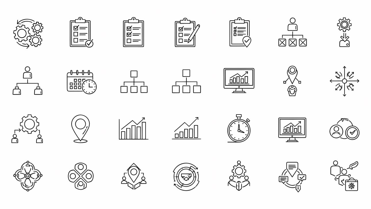 A comprehensive set of outline vector icons for business, management, productivity, and data analysis. Ideal for presentations and web design.