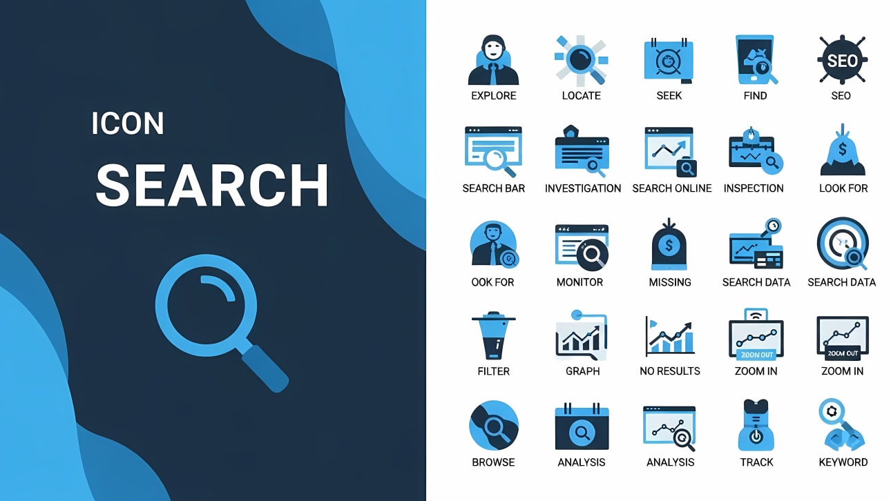 Explore this comprehensive set of 25 flat design vector icons for search, data, and SEO. Perfect for web, app, and presentation use.