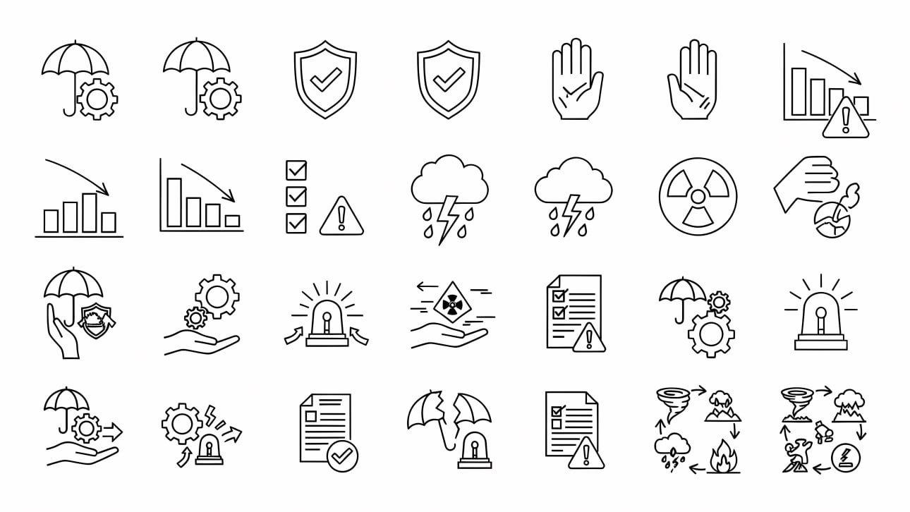 Download this collection of line vector icons representing risk management, safety, insurance, and disaster prevention.