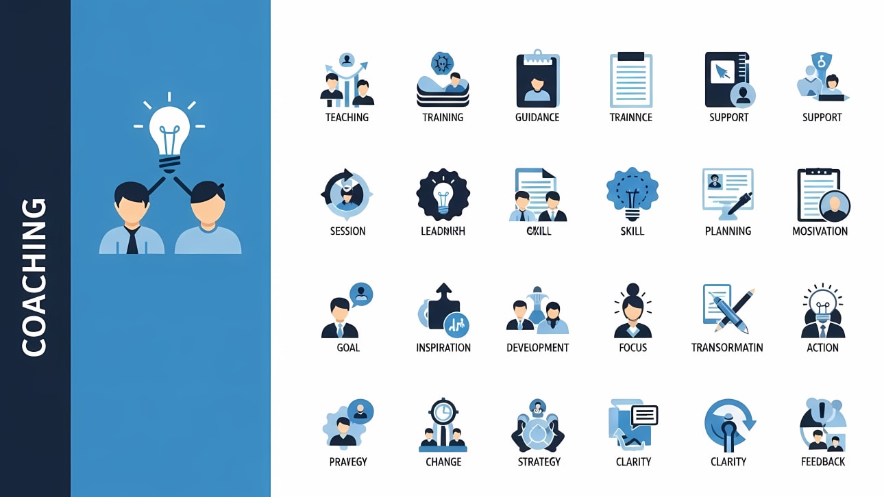 Download a versatile collection of flat vector icons for coaching, training, and personal development. Covers guidance, motivation, and strategy.