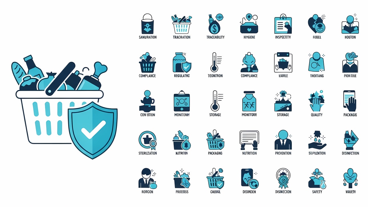 Comprehensive vector icon set for food safety, quality control, retail compliance, supply chain, and healthy living. Ideal for web and print.