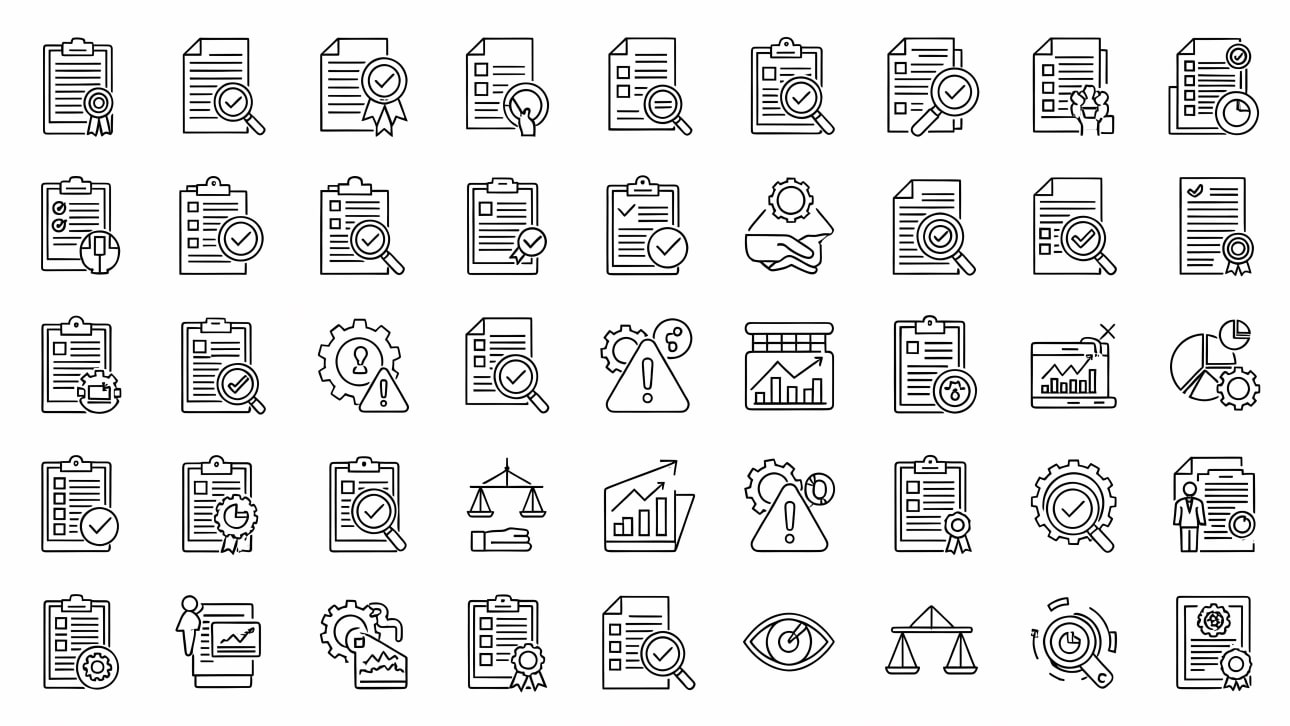 Comprehensive set of outline vector icons for audit, compliance, quality control, and inspection processes.