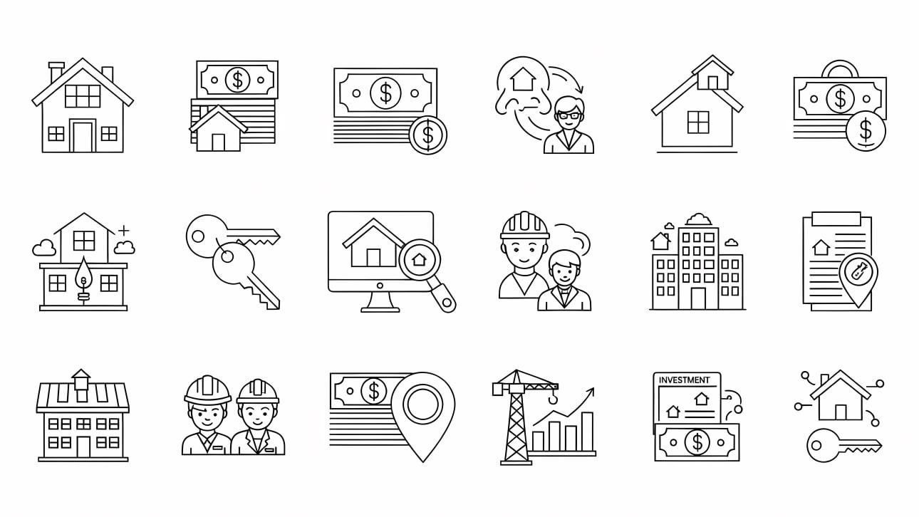 Download a versatile set of outline vector icons covering real estate, housing, property investment, construction, and financial transactions.